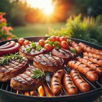 AI generated Close-up of a sausages and vegetables on a grill. Summer garden at sunset. photo