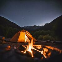 AI generated Tent and campfire in the mountains during a beautiful night full of stars photo