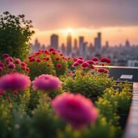 AI generated Rooftop garden. Pots of flowers on the rooftop. City view in the background. photo