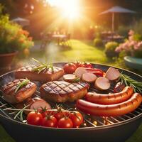 ai generado de cerca de un salchichas y vegetales en un parrilla. verano jardín a puesta de sol. foto