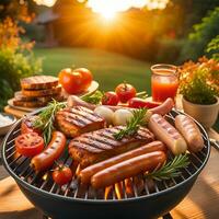 AI generated Close-up of a sausages and vegetables on a grill. Summer garden at sunset. photo