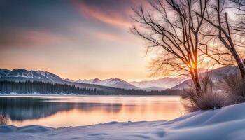 ai generado invierno paisaje. puesta de sol terminado el lago foto