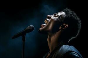 AI generated black female singer singing with microphone in front of dark background bokeh style background photo