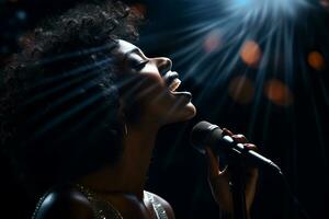 AI generated black female singer singing with microphone in front of dark background bokeh style background photo