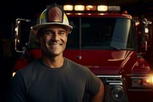 ai generado retrato de masculino bombero sonriente en frente de fuego camión bokeh estilo antecedentes foto