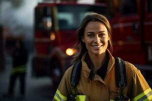 AI generated portrait of female firefighter smiling in front of fire truck bokeh style background photo