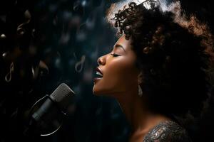 AI generated black female singer singing with microphone in front of dark background bokeh style background photo