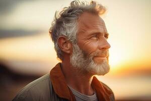 happy old man standing in front of sunset beach bokeh style background AI Generated photo