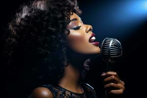 AI generated black female singer singing with microphone in front of dark background bokeh style background photo