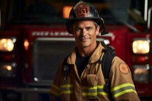 ai generado retrato de masculino bombero sonriente en frente de fuego camión bokeh estilo antecedentes foto