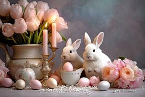 AI generated Easter greeting card with cute bunnies, bouquet of peonies, candles, Easter eggs. AI generated illustration. photo