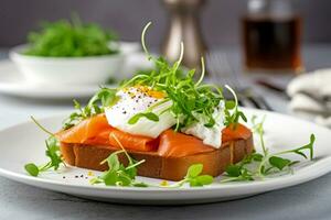 AI generated Toast with poached egg, salmon and microgreens on a plate in a modern kitchen. AI generated illustration. photo
