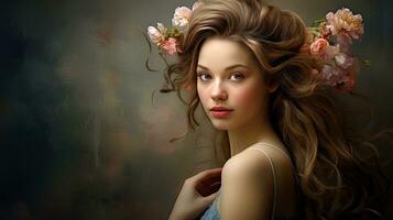 AI generated Beautiful girl with a floral bouquet on head. The concept of beauty, youth, spring, love. AI generated illustration. photo