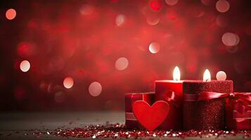 Horizontal background with candles and hearts. Sparkling banner with glitter and bokeh in red colors. AI generated illustration. photo