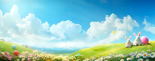 AI generated Easter landscape. Horizontal banner with a cute Easter bunny on a flower meadow with colored eggs.  Cartoon style. AI generated illustration. photo