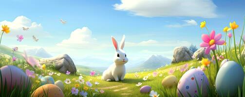 AI generated Easter landscape. Horizontal banner with a cute Easter bunny on a flower meadow with colored eggs.  Cartoon style. AI generated illustration. photo