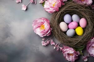 ai generado Pascua de Resurrección paisaje. horizontal bandera con un linda Pascua de Resurrección conejito en un flor prado con de colores huevos. dibujos animados estilo. ai generado ilustración. foto