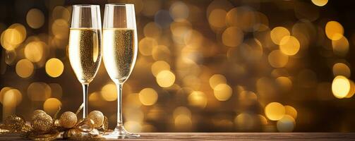 Horizontal background with glasses of champagne and tinsel. Sparkling banner with glitter and bokeh in gold tones. AI generated illustration. photo