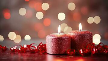 Horizontal background with candles and serpentine. Sparkling banner with glitter and bokeh in red colors. AI generated illustration. photo