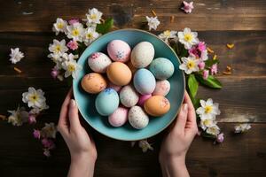 ai generado Pascua de Resurrección paisaje. horizontal bandera con un linda Pascua de Resurrección conejito en un flor prado con de colores huevos. dibujos animados estilo. ai generado ilustración. foto