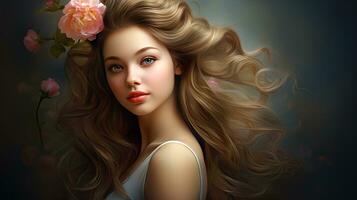 AI generated Beautiful girl with a floral bouquet on head. The concept of beauty, youth, spring, love. AI generated illustration. photo