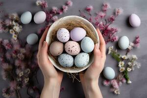 ai generado Pascua de Resurrección paisaje. horizontal bandera con un linda Pascua de Resurrección conejito en un flor prado con de colores huevos. dibujos animados estilo. ai generado ilustración. foto