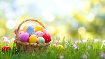 ai generado Pascua de Resurrección paisaje. horizontal bandera con un linda Pascua de Resurrección conejito en un flor prado con de colores huevos. dibujos animados estilo. ai generado ilustración. foto