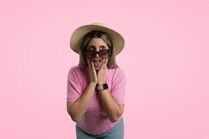 Delighted Person Enjoying Pink Background photo