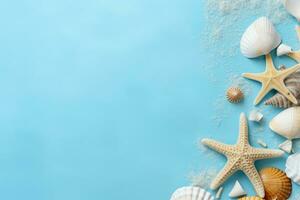 AI generated Seashells and starfish on blue background with copy space photo