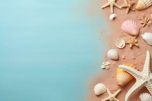 AI generated Seashells and starfish on blue background with copy space photo