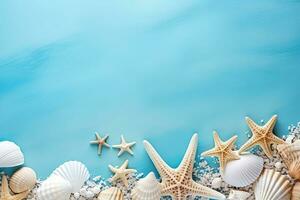 AI generated Seashells and starfish on blue background with copy space photo