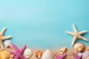 AI generated Seashells and starfish on blue background with copy space photo