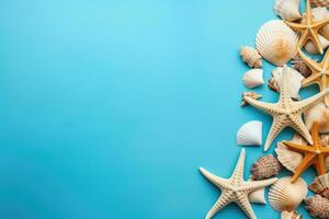 AI generated Seashells and starfish on blue background with copy space photo