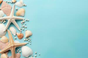 AI generated Seashells and starfish on blue background with copy space photo