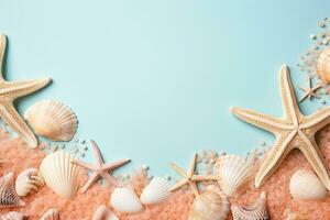 AI generated Seashells and starfish on blue background with copy space photo