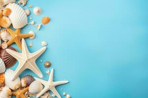 AI generated Seashells and starfish on blue background with copy space photo