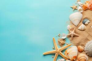 AI generated Seashells and starfish on blue background with copy space photo