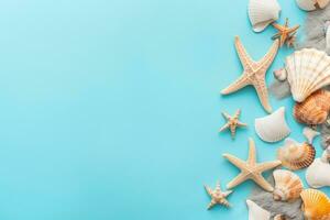 AI generated Seashells and starfish on blue background with copy space photo