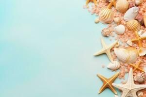 AI generated Seashells and starfish on blue background with copy space photo