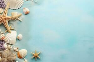 AI generated Seashells and starfish on blue background with copy space photo