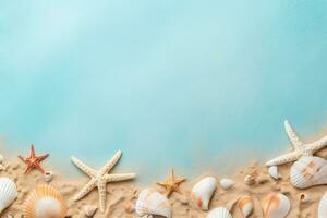 AI generated Seashells and starfish on blue background with copy space photo