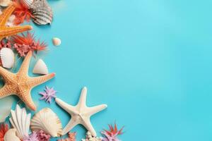 AI generated Seashells and starfish on blue background with copy space photo