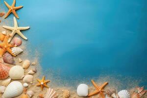 AI generated Seashells and starfish on blue background with copy space photo