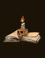 ilustración mano dibujado. cráneo vela con antiguo magia libro vector