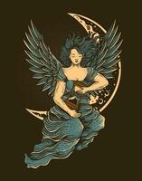 Illustration vintage hand drawn. Angel woman holding hourglass vector