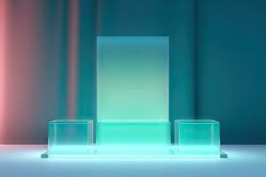 AI generated 3D rendering of a pedestal or podium illuminated with neon lights photo