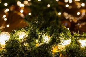 string of lights between artificial pine needles photo
