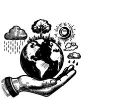 mano participación tierra planeta con árbol, sol, lluvia, nubes, negro línea arte, garabatear globo. ambiente salvar mundo ambiente día vector