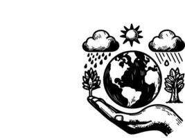 hand holding earth planet with tree, sun, rain, clouds, black line art, doodle globe. environment save world environment day vector