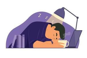 persona de libre dedicación hombre dormido mientras en línea trabajando en noche hora vector